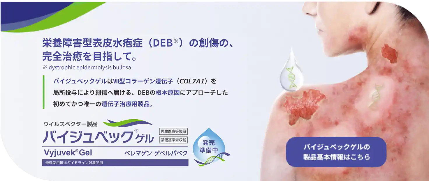 栄養障害型表皮水疱症（DEB）の創傷の、完全治癒を目指して。ウイルスベクター製品、バイジュベックゲル